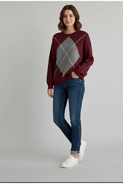 Cockatoo Women's Crew Neck Diamond Pattern Trendy Sweater Brown _Beige