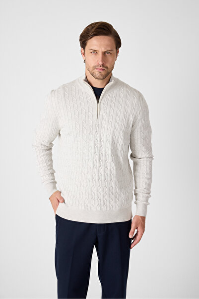 Frappoli Focus Men's Off-White Knitted Half-Zip Cotton Blend Sweater