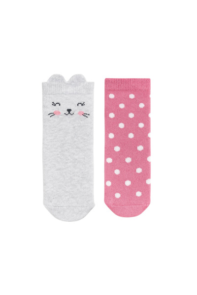 SOLDE SOCKS Sevimli Desenli Bebek Çorapları – Pembe Puantiyeli & Gri Kedi Fig...