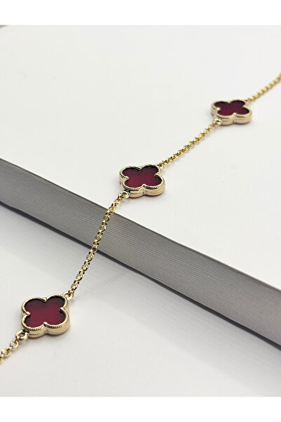 DİAMİNE PIRLANTA 14 Ayar Altın Büyük Bordo Taşlı Yonca Bileklik