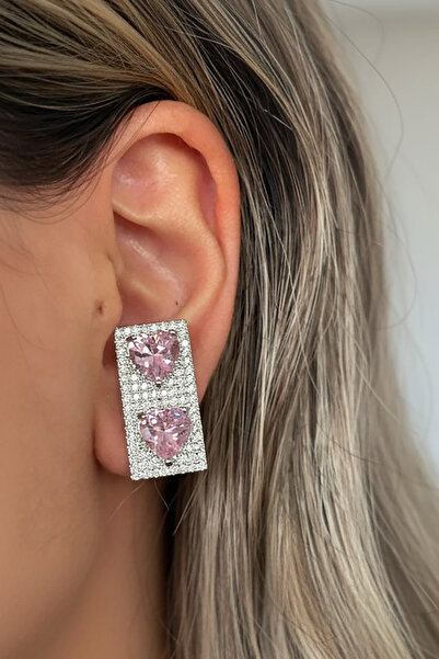 TAKIŞTIR Gümüş Ve Pembe Renk Kalp Figürlü 14K Altın Kaplama TX Ear Cuff (Tek)