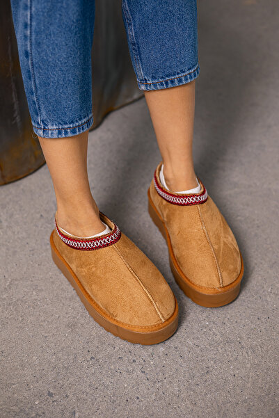 MYPOPPİSHOES Taba Süet İçi Kürklü Düz Taban Terlik Mira