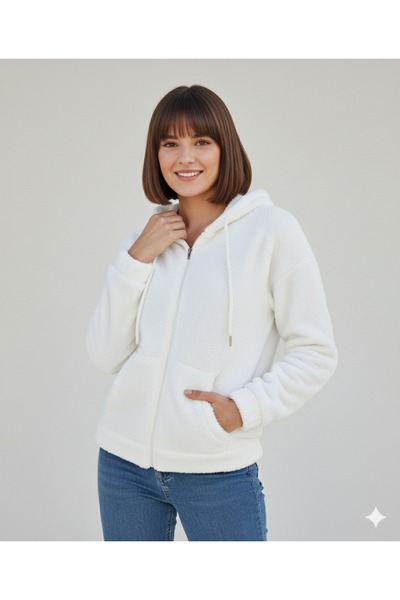 BW Bravely Wear Women's Zippered Kangaroo Pocket Hooded Plush Jacket Cardigan