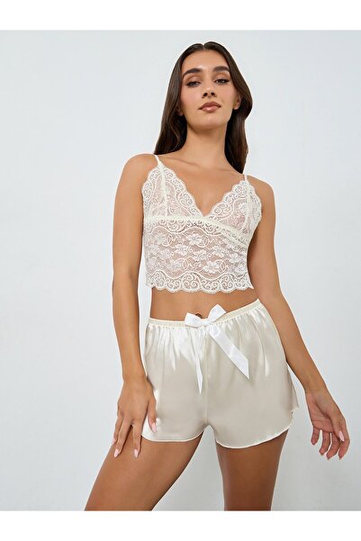 Take Two By Styli Lace Bralette and Bow Front Satin Shorts Set
