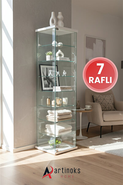 artinoks 7 Raflı Cam Vitrin Dolap Gümüşlük Koleksiyon Sergi Kitaplık Kapaklı ...