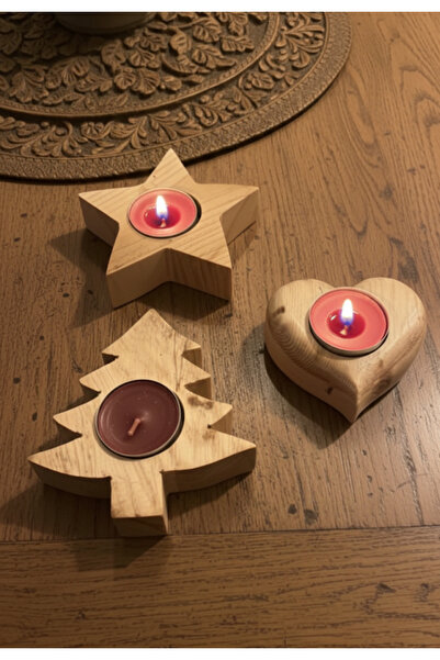 TOLGA’S WORKSHOP El Yapımı Yıldız, Kalp ve Çam Ağacı Figürlü 3’lü Ahşap Masa ...