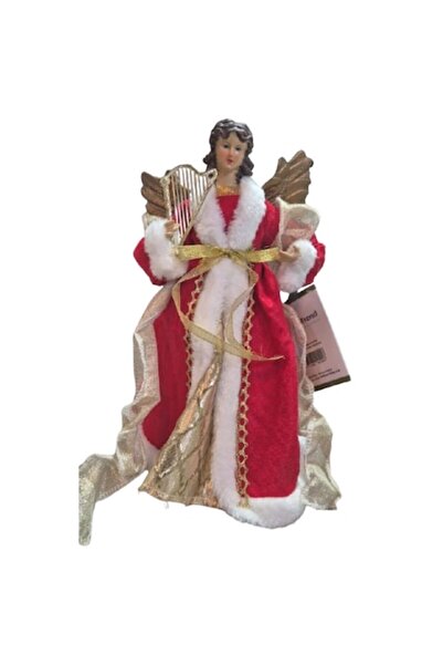 Gras Samen Figurină decorativă înger de Crăciun cu harpă, rochie roșie și aur...