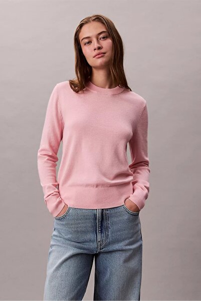 Calvin Klein Kadın Tam Kalıp Bisiklet Yaka İnce Örgü Yün Karışımlı Triko - Pembe