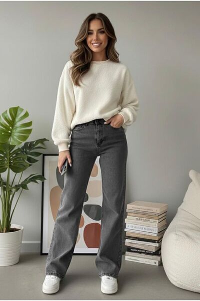 BİENAL BUTİK Eleni Kadın Füme Palazzo Jeans Bol Kesim Antrasit Likralı Jeans