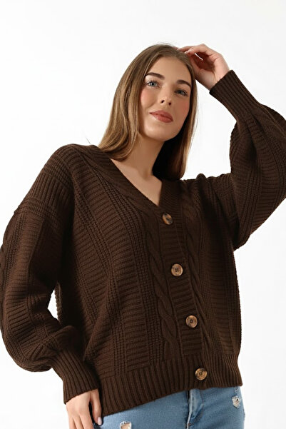 Devinka Cardigan tricotat casual pentru femei, cu mâneci cu balon împletite, cu păr maro