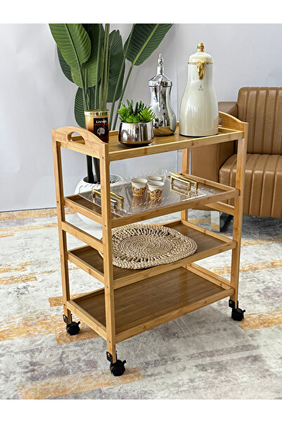 Living عربة تقديم خشبية متعددة الأغراض بتصميم عصري وعجلات متحركة / 4 أرفف
