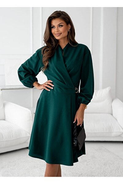 Kokosh moda Women's Long Sleeve Judge V-Neck Side Buckle Detailed Imported Mini Crepe Dress