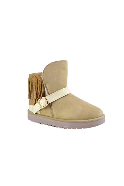 THEICONIC Women's beige fur-lined boots with fringes