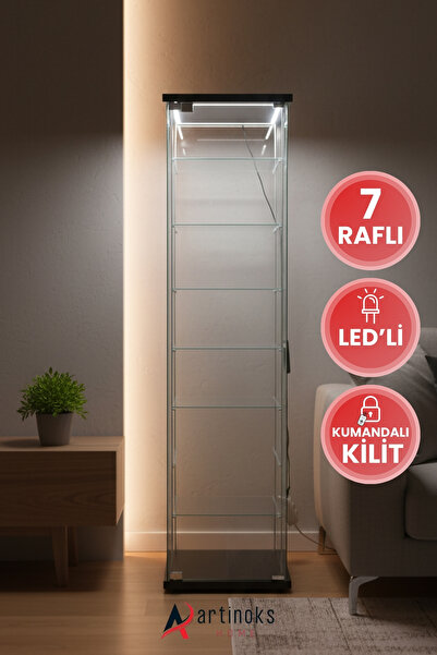 artinoks 7 Raflı Uzaktan Kumandalı Kilitli Ledli Cam Vitrin Dolap Gümüşlük Ko...
