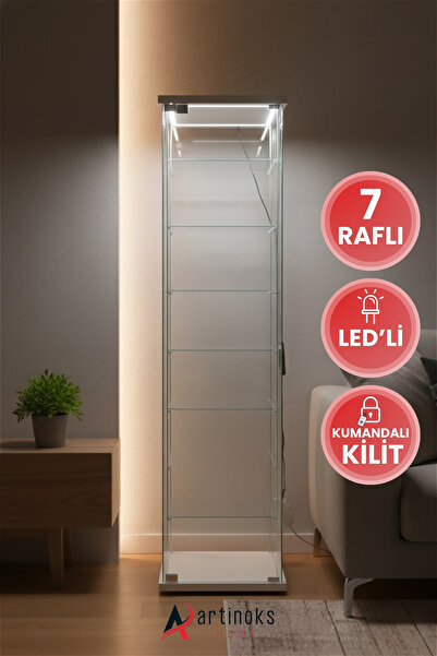 artinoks 7 Raflı Uzaktan Kumandalı Kilitli Ledli Cam Vitrin Dolap Gümüşlük Ko...