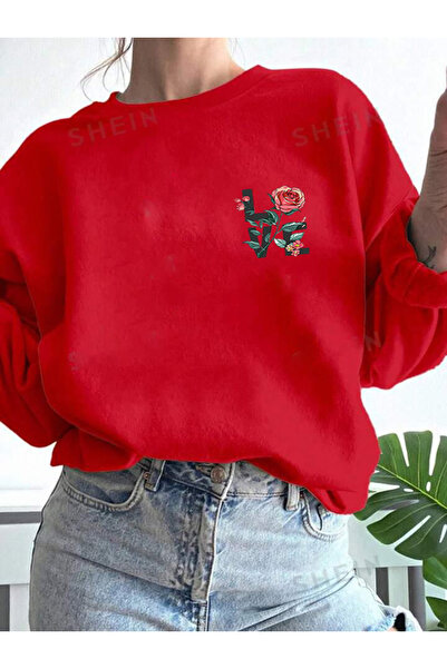 BW Bravely Wear سويت شيرت LOVE GÜL مطبوع للسيدات برقبة دائرية
