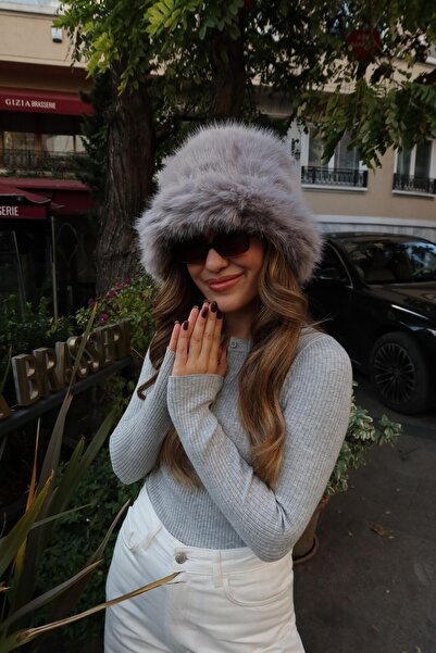 Tina İstanbul Pălărie de pluș cu blană lungă, gri