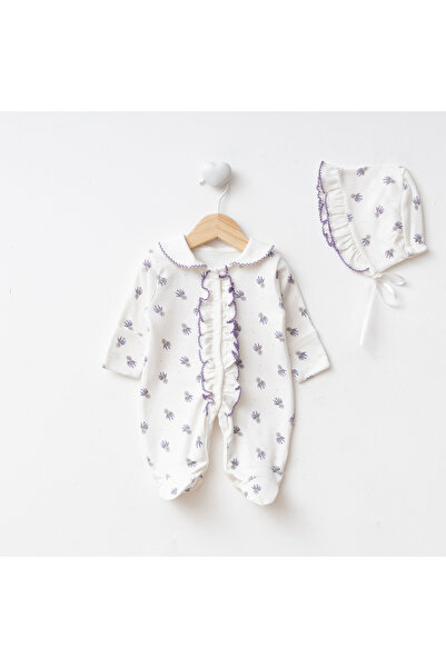 Eda Baby Sevimli Fırfırlı Lavanta Desenli Kendinden Eldivenli Bebek Tulum Seti