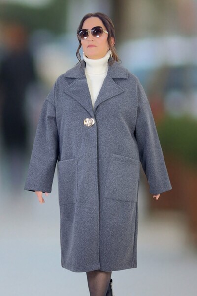 yagmurberen Bag Pocket Mono Collar Low Sleeve Single Zipper Zipper Closure Extra Large Size Cashemere Coat