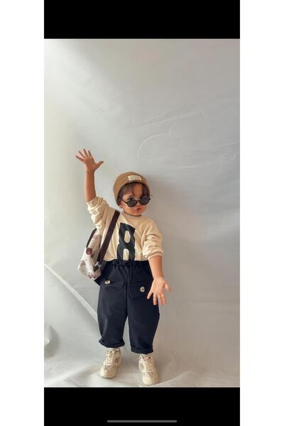 bohemiankids baby wear بنطلون أسود من قماش الغبردين مع تفاصيل الأزرار