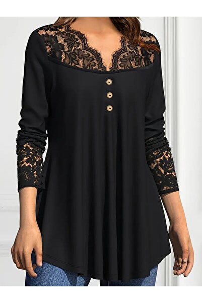 Zerenyus Women's Long Sleeve Lace Detailed Buttoned Viscose Blouse