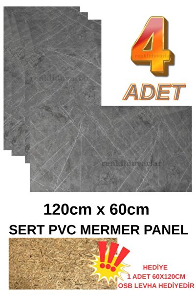 Renkli Duvarlar 4 ADET 60x120cm Alternatif Kaplama UV PVC Sion GRİ Mermer Des...