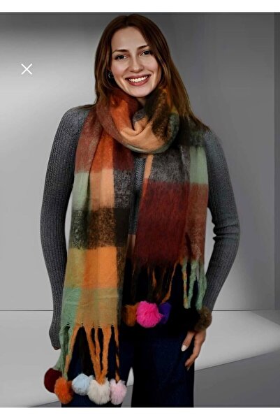 moda paketi Women's Yumulak Textured Pomponed Colorful Thick Striped Shawl Scarf