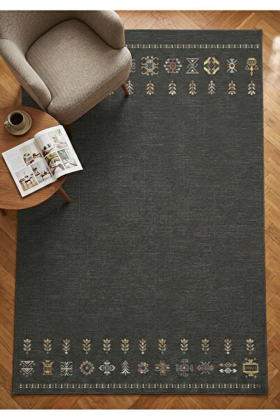 Bahariye Halı Etnik Desenli Antrasit Antialerjik Salon Mutfak Koridor Yatak O...
