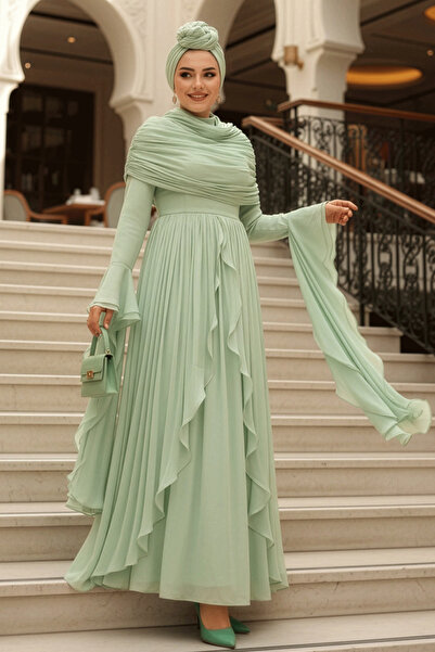 N.S NEVA STYLE Ruffle Detailed Mint Hijab Evening Dress 53981Mint