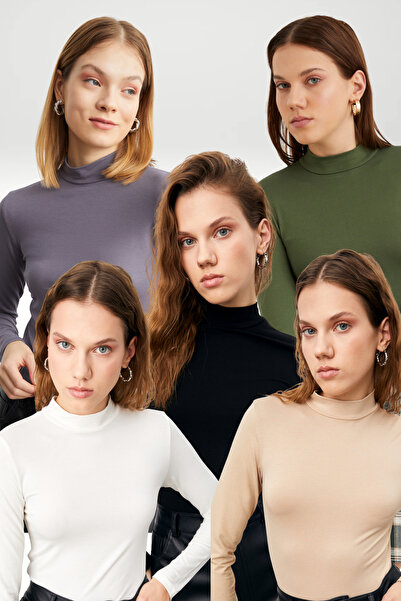 Ladima طقم نسائي أساسي مكون من 5 قطع بياقة نصف دائرية باللون الأسود والكريمي ...