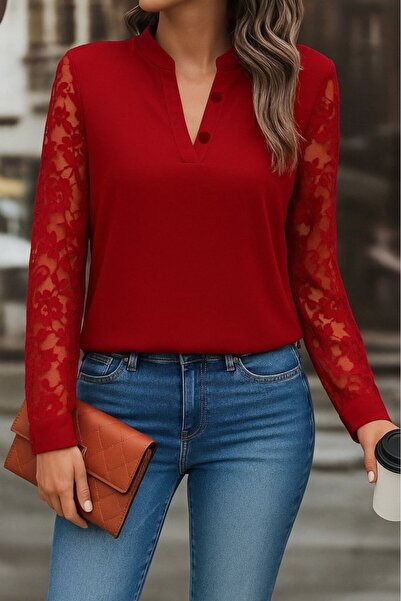 Zerenyus Women's Long Sleeve Collar Button Detail Laced Sleeve Crepe Blouse