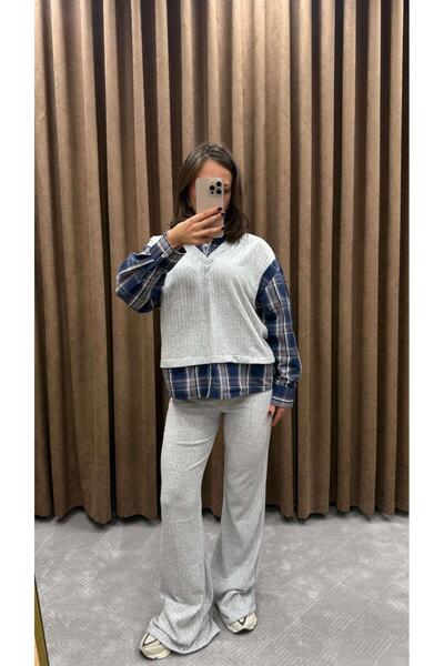 Maysa GRİ MAVİ ÇİZGİLİ GÖMLEK DETAYLI TRİKO TAKIM