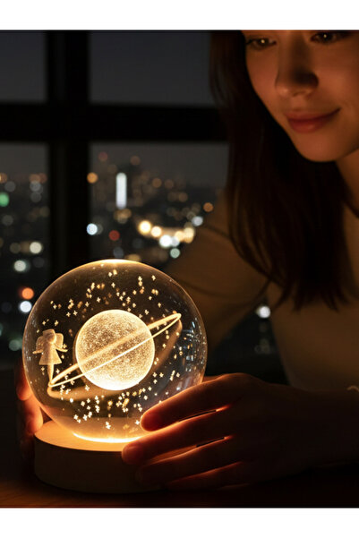 moryconcept Satrün Kız Model Ahşap Altlıklı USB LED Kristal Cam Küre Gece Lam...