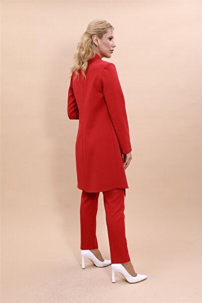 ÖNDER ÖZSOY Shawl Collar Long Jacket & Skinny Leg Pants-Red