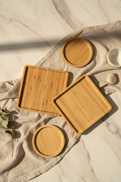 YAZICI Bamboo Serving Tray Set - 4 Pieces (2 Square, 2 Round)
