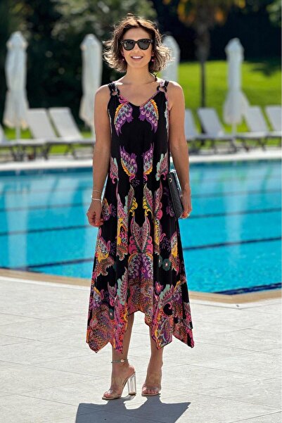 Nevin Kaya Moda Μαύρο φόρεμα από βαμβάκι με αυθεντικό σχέδιο με λουράκι με αγ...