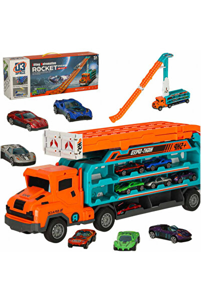 Ikonka Set camion de remorcare pentru copii, Rocket orange, cu pista si 6 mas...