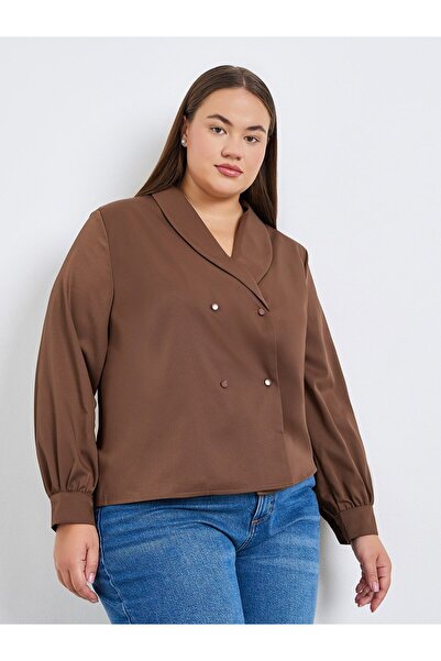 Styli Plus Size Brown Long Sleeve Wrap Blouse