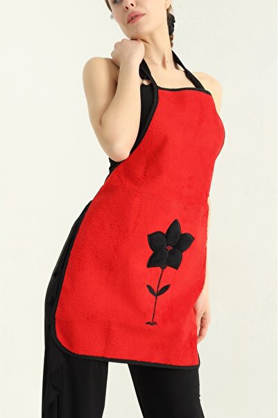 Bella Home مريلة مطبخ مطرزة مقاومة للماء من ويلسوفت - 50×70 سم - أحمر بملمس مخملي