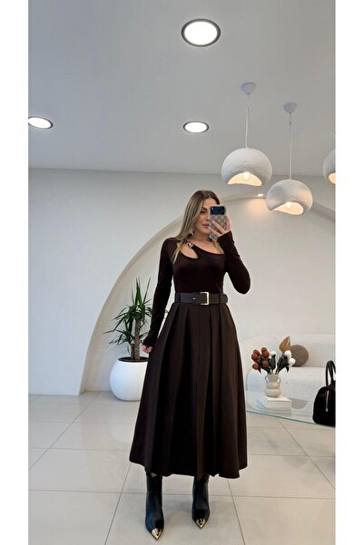 Şulenin Butiği KALIN KEMERLİ YIRTMAÇ DETAYLI ETEK KAHVE