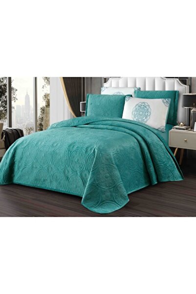 MHR Set huse de catifea 5 piese, model relief circular 220x240 cm, 4 fețe de pernă 50x70 cm, TURCOAZ