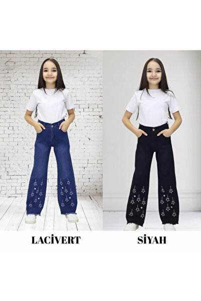 BeModal Girl's Jean Denim Pants with Star Embroidery Detail Navy Blue-Black (...