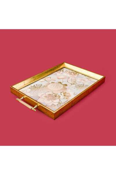 Evidea Kitchen Kuş ve Çiçek Desenli Ahşap Dikdörtgen Tepsi - Yeşil - 43 cm