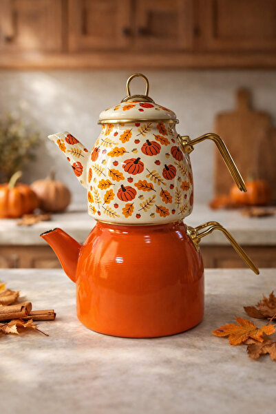 MİS KİTCHEN Kabak Desenli Emaye Çaydanlık Takımı | Altın Kulplu, Turuncu, Çift Katlı