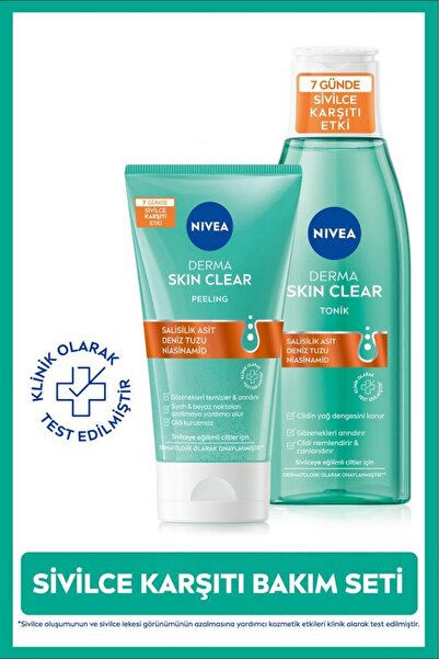 NIVEA Derma Skin Clear Karşıtı Cilt Bakım Seti, Yüz Temizleyici Peeling 150ml ve Tonik 200ml, Niasinamid