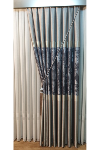 TÜLHOME LİNDA - Pano Fon Perde-Vizon, Antrasit, Buz Mavisi - Sık Pile (Bağlam...