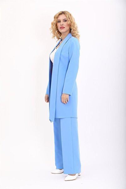 ÖNDER ÖZSOY سترة طويلة بياقة شال وبنطلون واسع الساق، بدلة نسائية محتشمة - سماوي