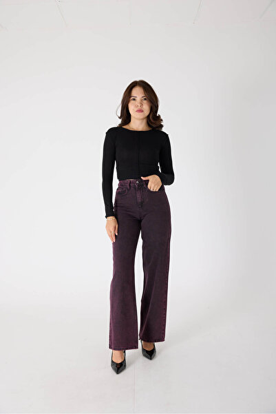 cracpot Kadın Yüksek Bel Cotton Bortdo Wide Leg Jean Pantolon