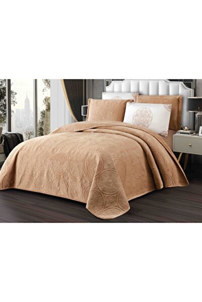 MHR Set cuvertură de catifea 5 piese, model relief circular 220x240 cm, 4 fețe de pernă 50x70 cm, bej