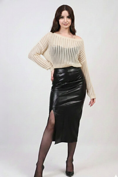 KaSheHa Siyah Yırtmaçlı Pensli Deri Etek Yarasa Kol Ajurlu Crop Bluz Takım